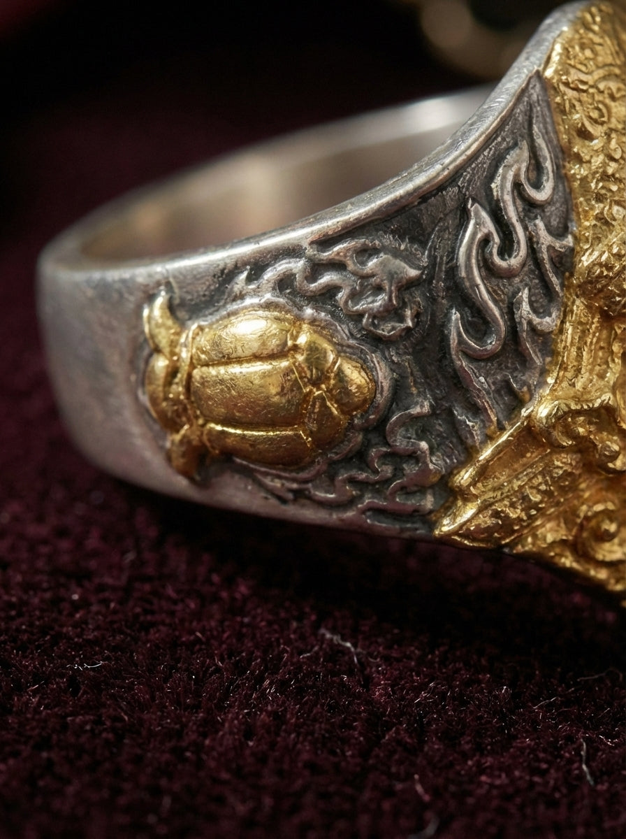 Tibetan Goddess of Wealth・Zhaki Lhamu Silver & Gold Contrast Open Ring | Ethnic Style Blessing Ring