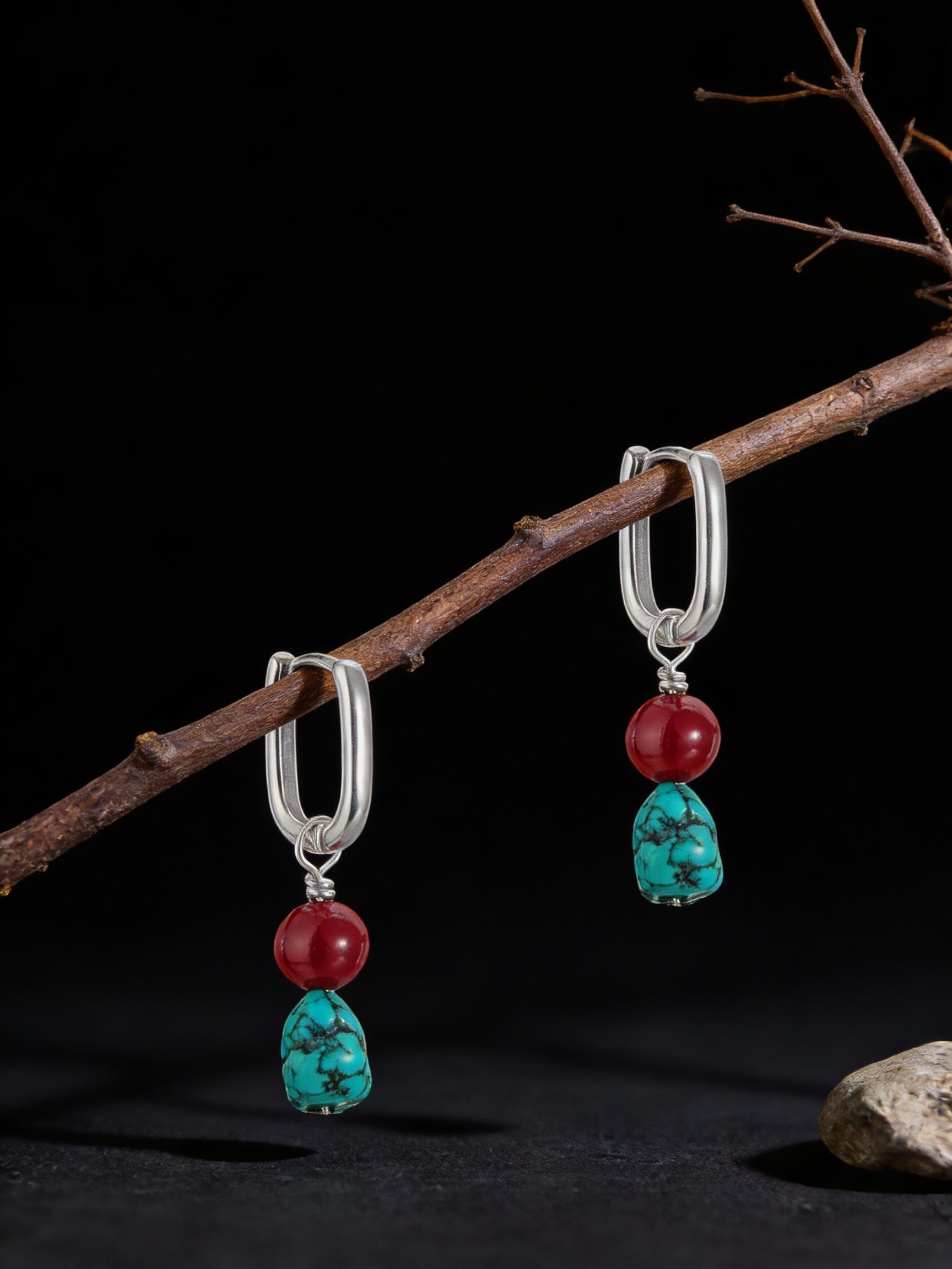 Tibetan Ethnic Style Earrings | S925 Sterling Silver Turquoise Cinnabar Earrings