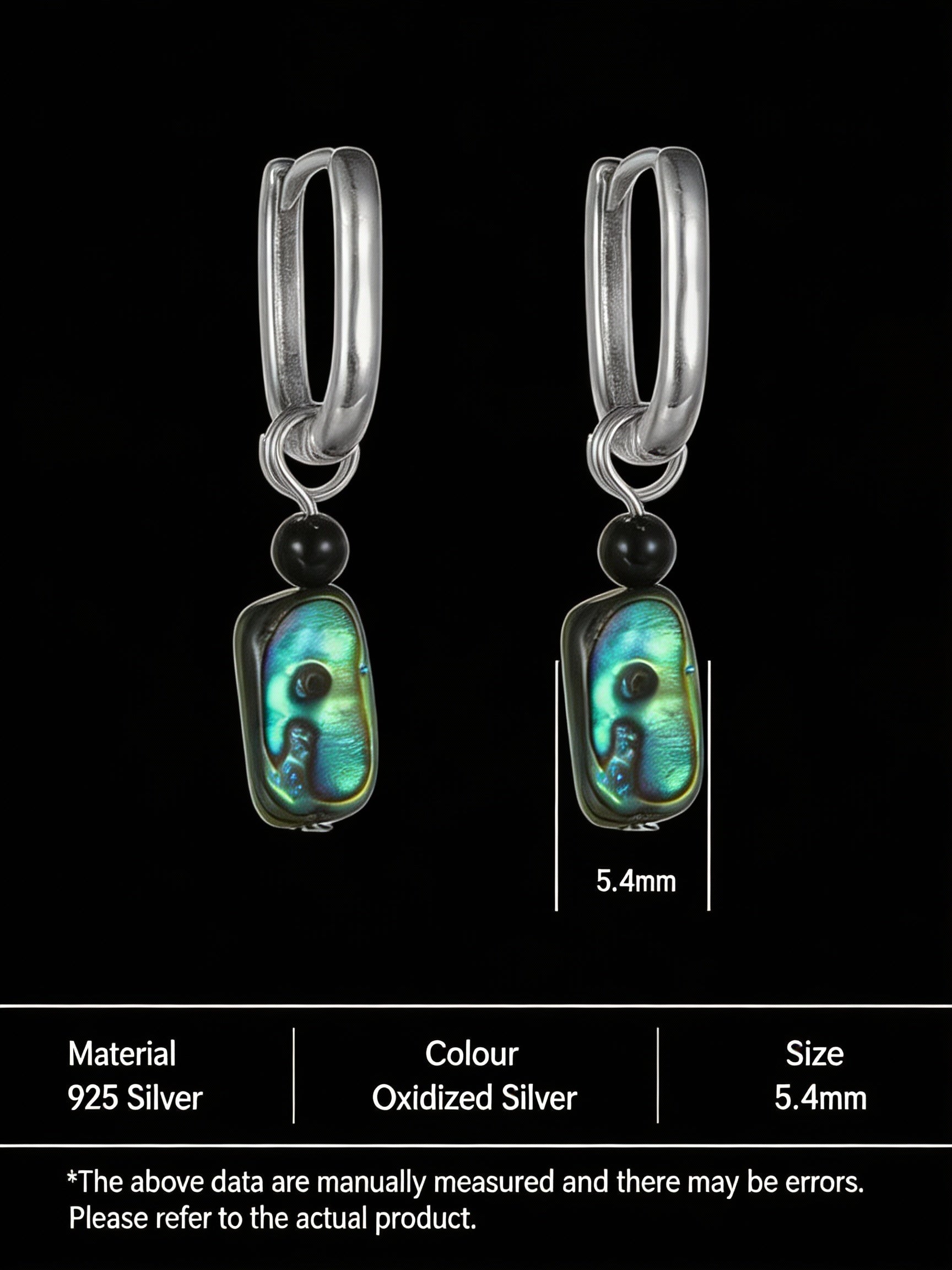Unisex Vintage Earrings | Original Design S925 Sterling Silver Square Abalone Shell Obsidian Earrings