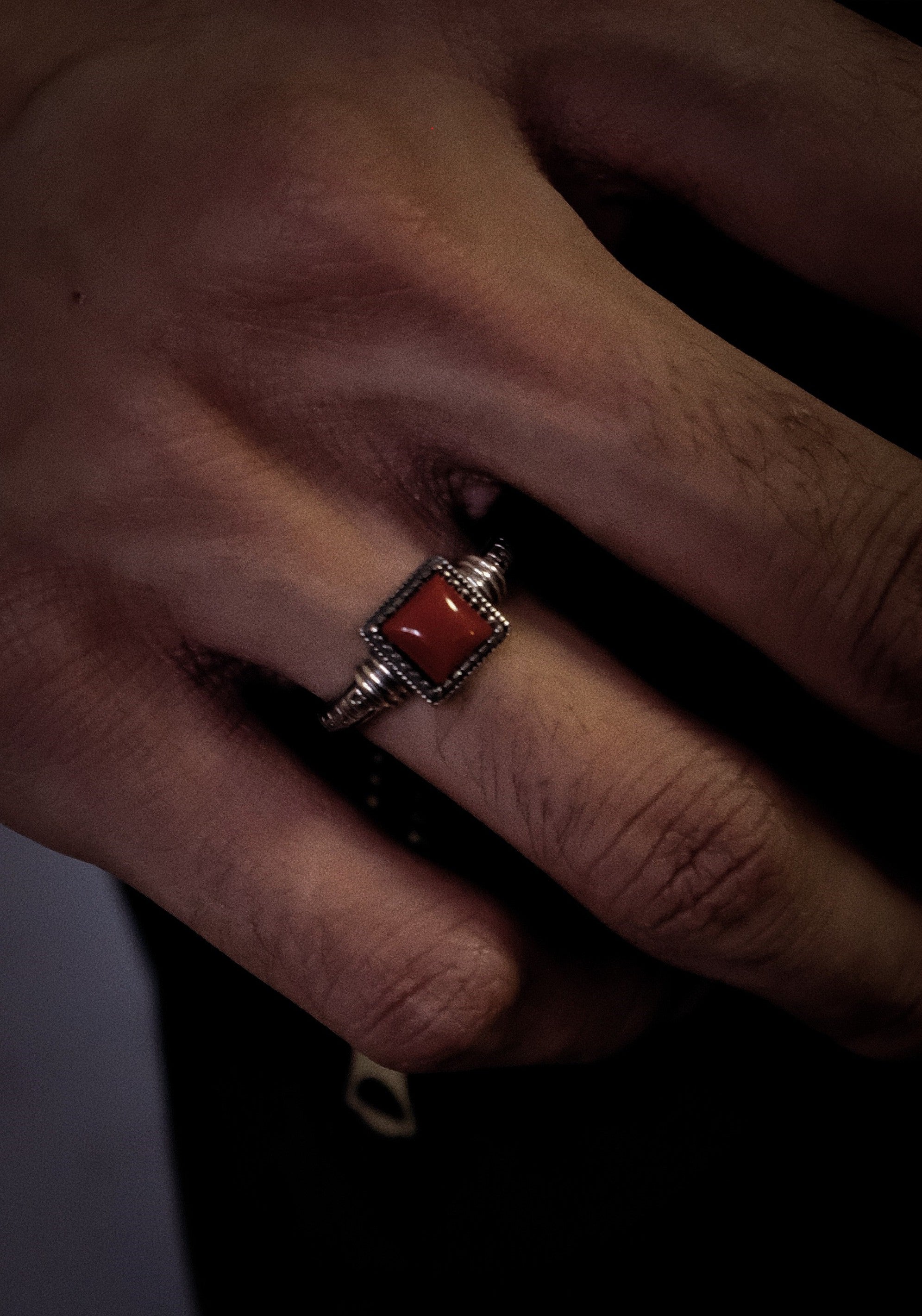 Vintage Ethnic Style Ring | S925 Sterling Silver Southern Red Agate Square Candy Ring
