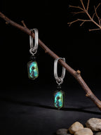 Unisex Vintage Earrings | Original Design S925 Sterling Silver Square Abalone Shell Obsidian Earrings