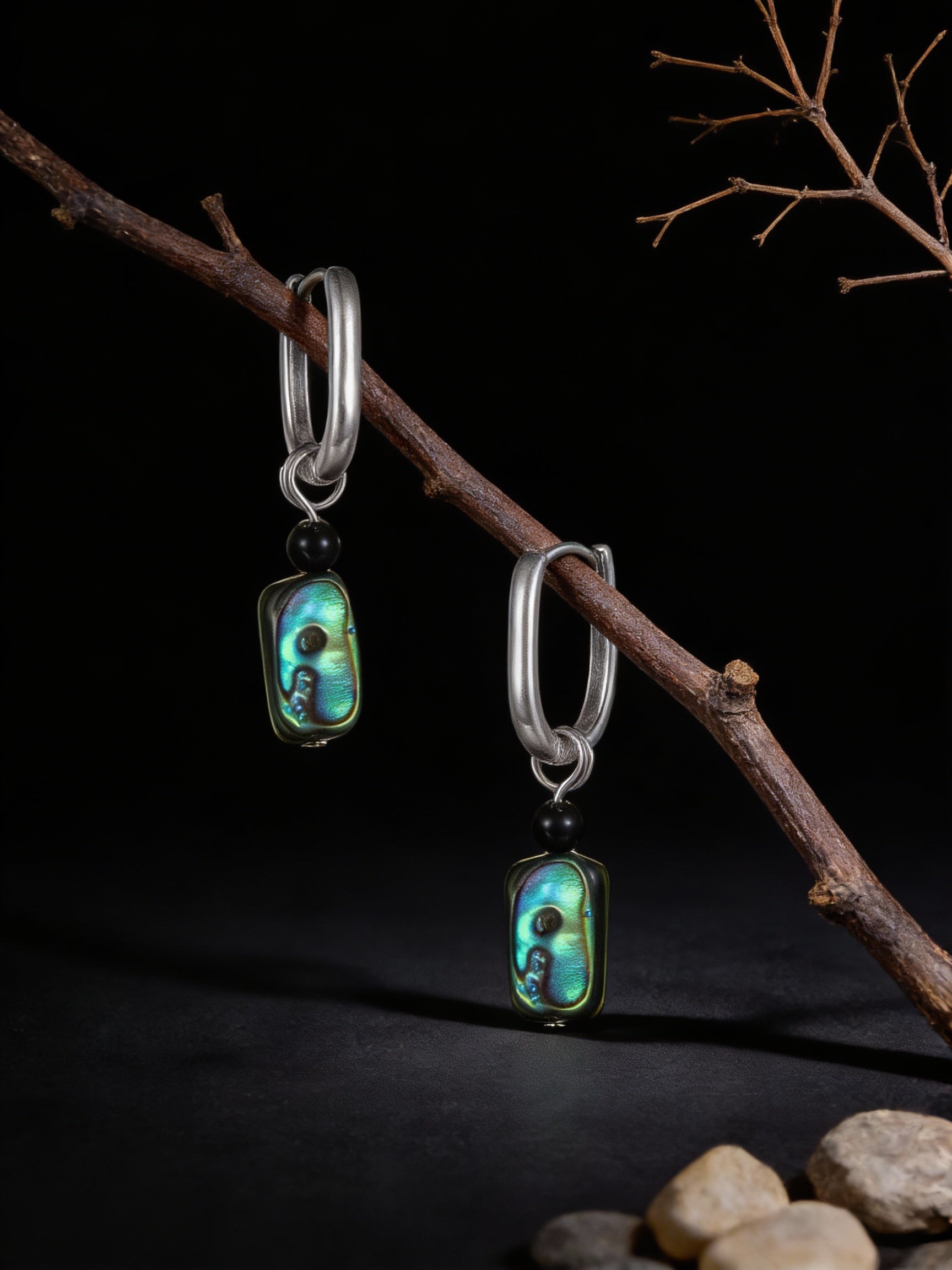 Unisex Vintage Earrings | Original Design S925 Sterling Silver Square Abalone Shell Obsidian Earrings