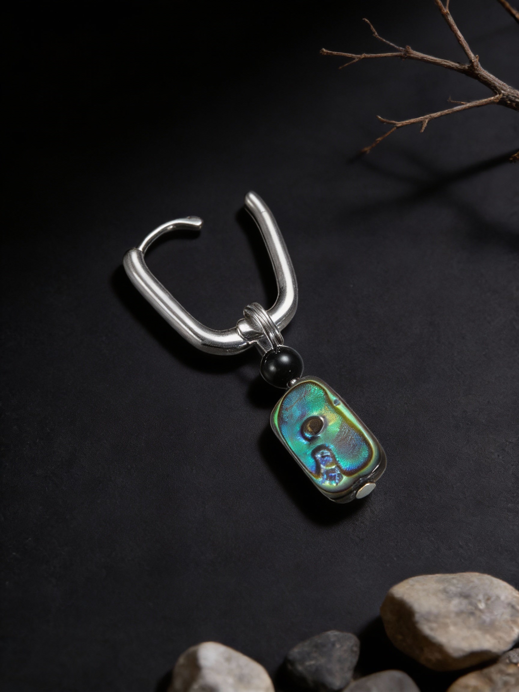 Unisex Vintage Earrings | Original Design S925 Sterling Silver Square Abalone Shell Obsidian Earrings