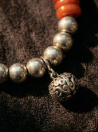 Tibetan Metal Beast Face Lock Crane Square Plaque Bracelet・Red Jadeite Spacer Vintage Beaded Bracelet