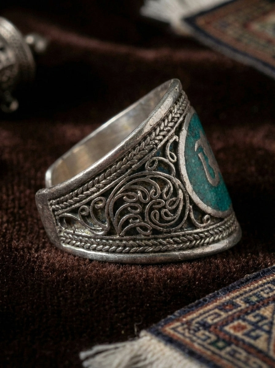Om Blessing・Turquoise Inlaid Open Ring | Original Ethnic Style Adjustable Ring