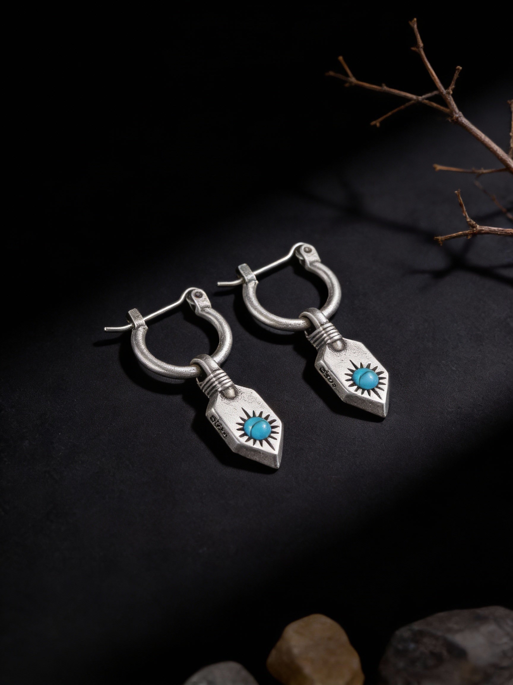 Tibetan Trendy Earrings | S925 Sterling Silver Inlaid Turquoise Shield Earrings