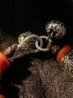 Tibetan Metal Beast Face Lock Crane Square Plaque Bracelet・Red Jadeite Spacer Vintage Beaded Bracelet
