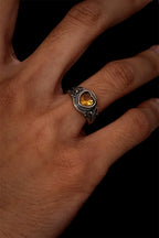 Tibetan Style Ring | 925 Sterling Silver Vintage Patina Heart Citrine Ring