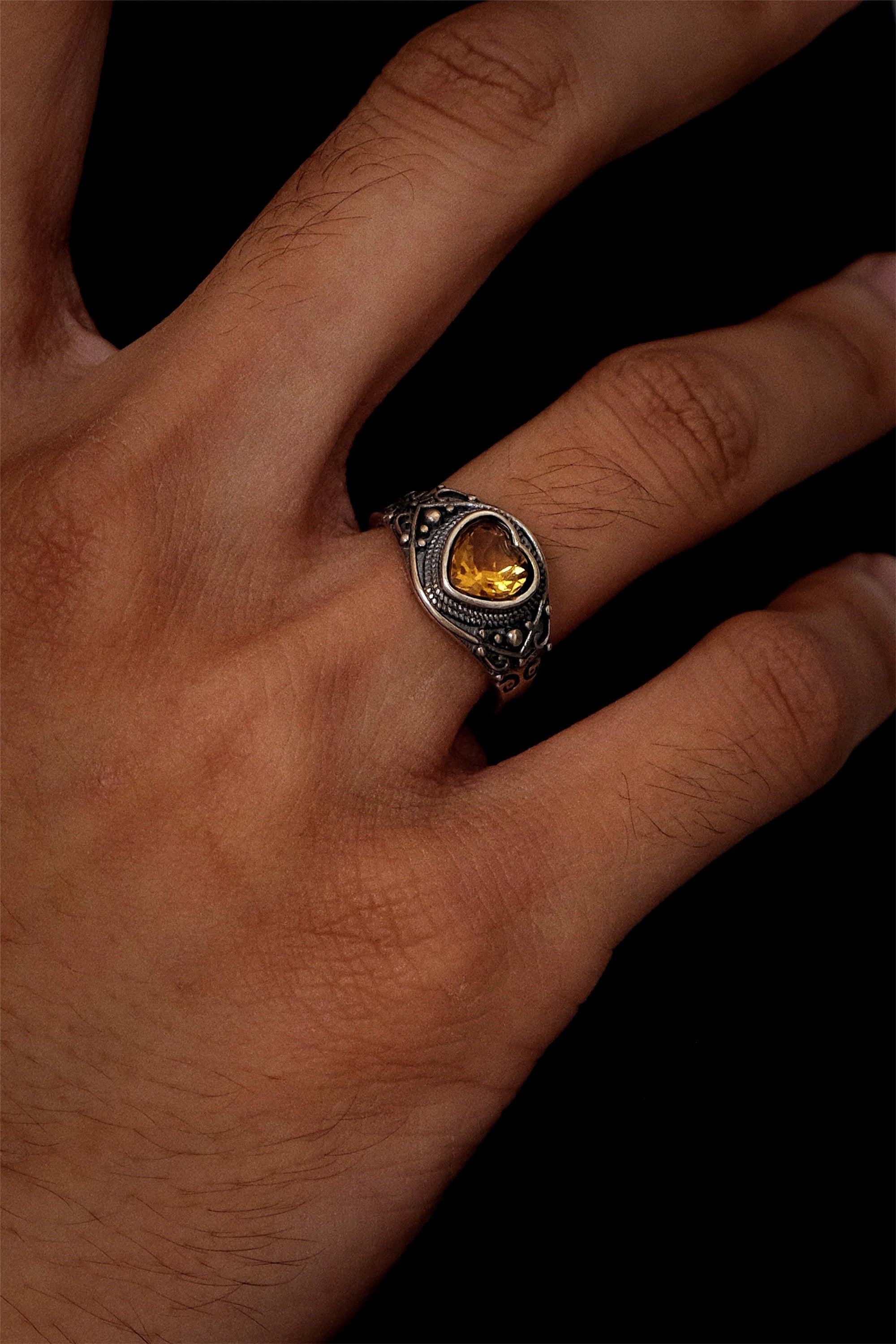 Tibetan Style Ring | 925 Sterling Silver Vintage Patina Heart Citrine Ring