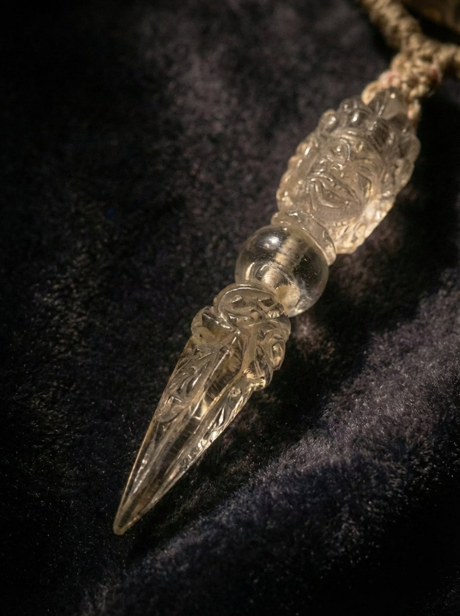 Tibetan Region Vintage Natural White Crystal Three-Faced Mahakala Vajra Dzi Bead Necklace - Unique Piece