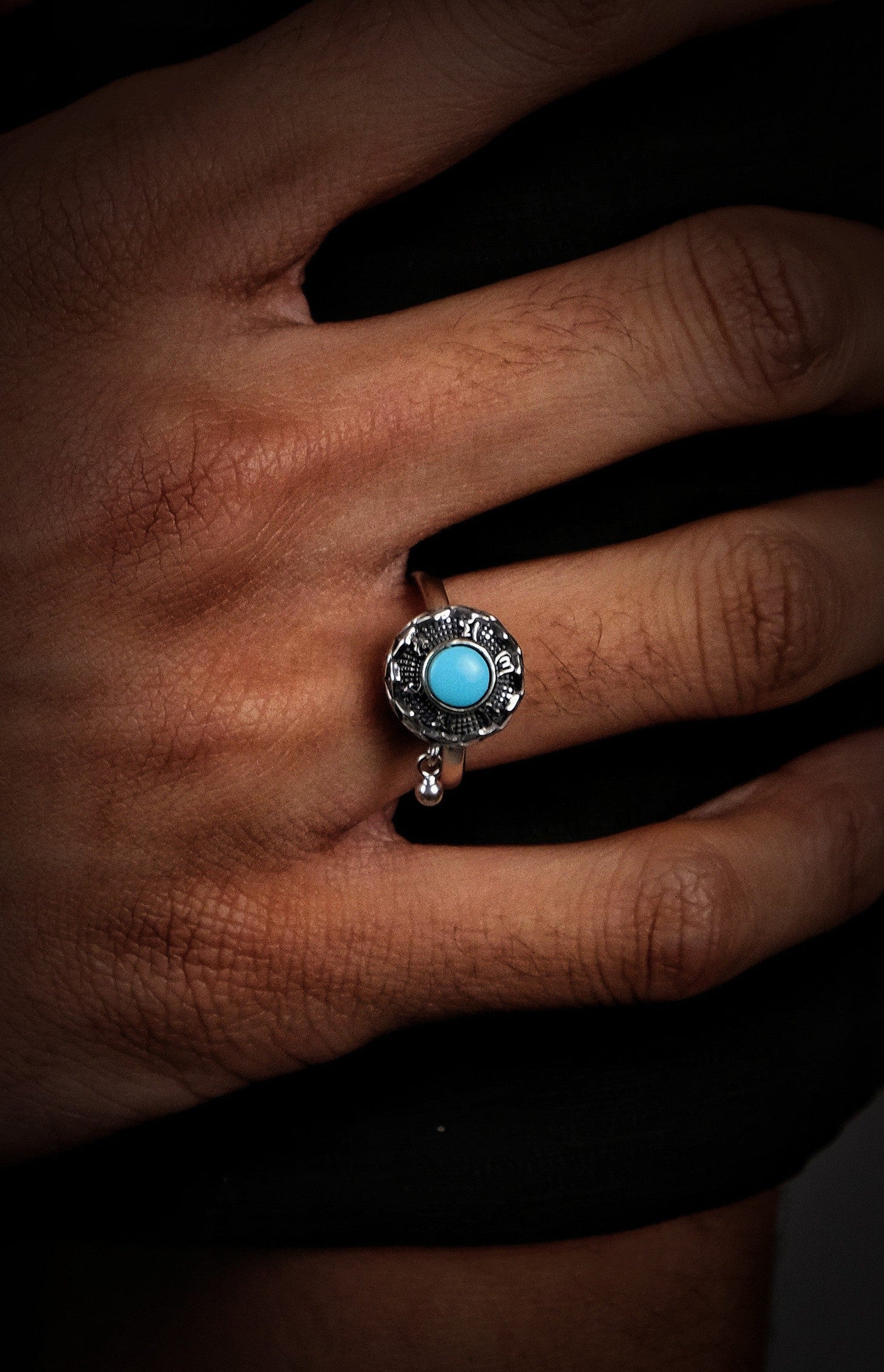 Vintage Ethnic Style Ring | S925 Sterling Silver Six-Syllable Mantra Turquoise Open Ring