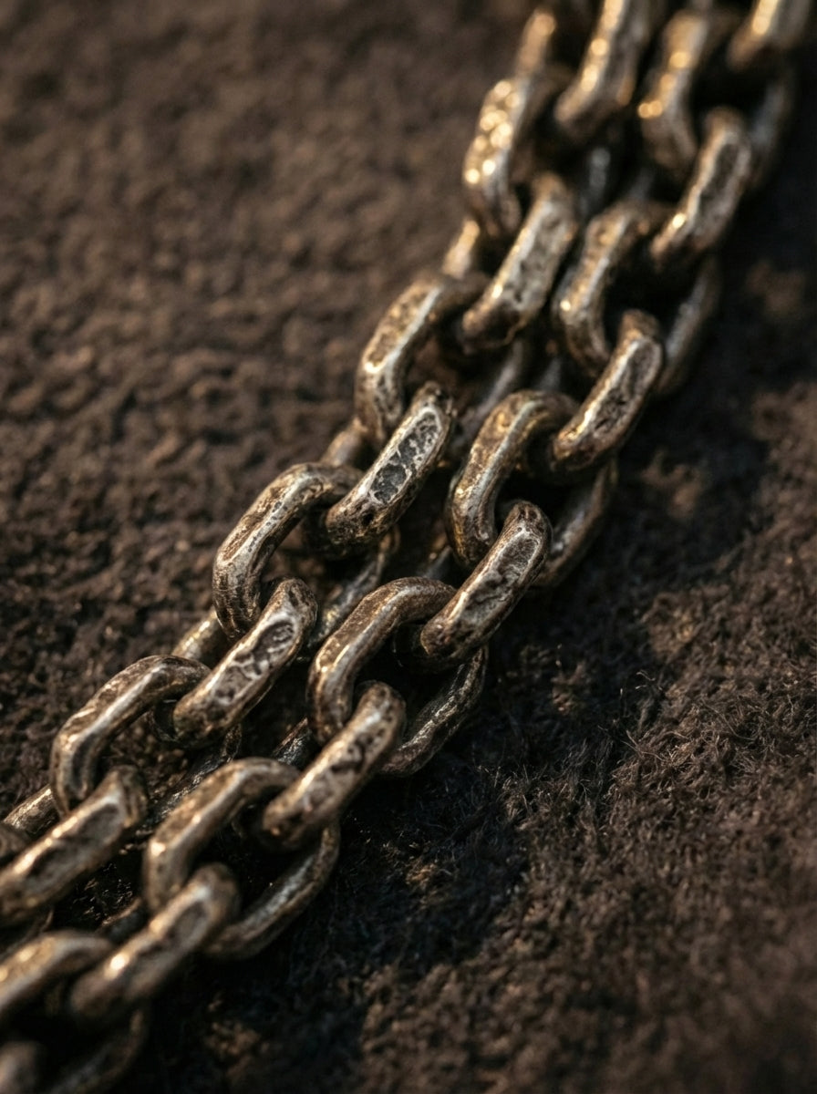 Close-up texture of heavy rustic metal chain links on Tibetan necklace