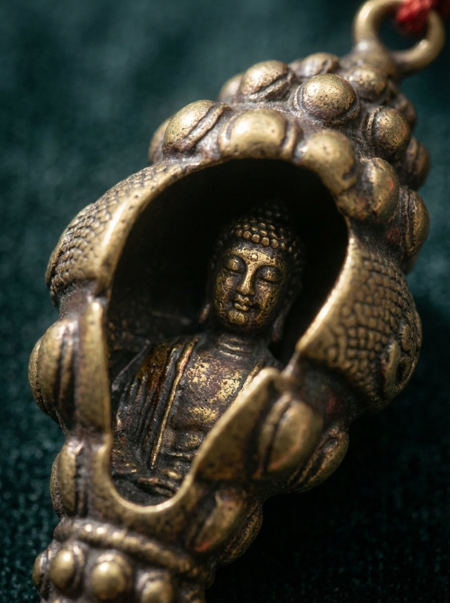 Tibetan Conch Shell Blessing・Brass Six Syllable Mantra Buddha Pendant