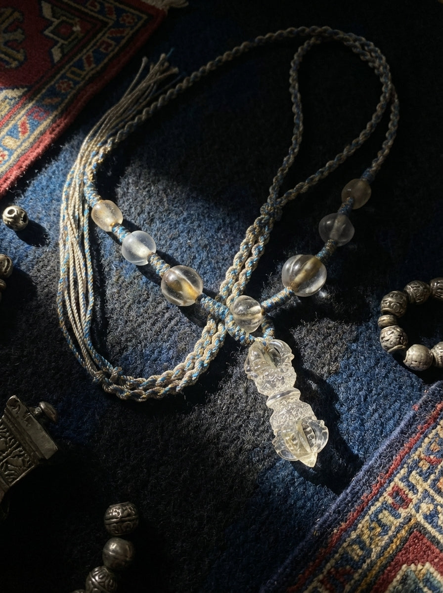 Tibetan Region Old Material Natural Clear Quartz Five-Pronged Vajra Woven Necklace - Unique Piece