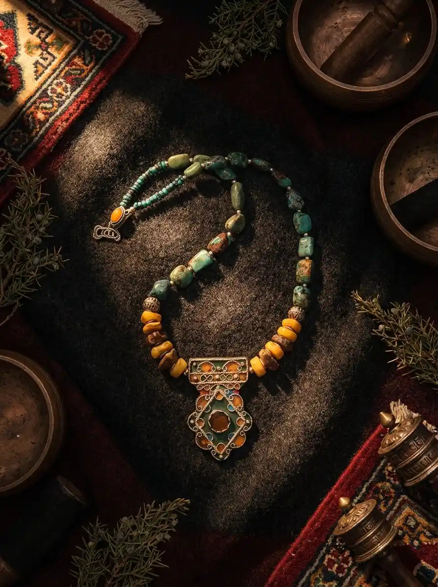 Full view of Bugdeite Tibetan necklace with green turquoise beads, raw amber, and filigree enamel pendant