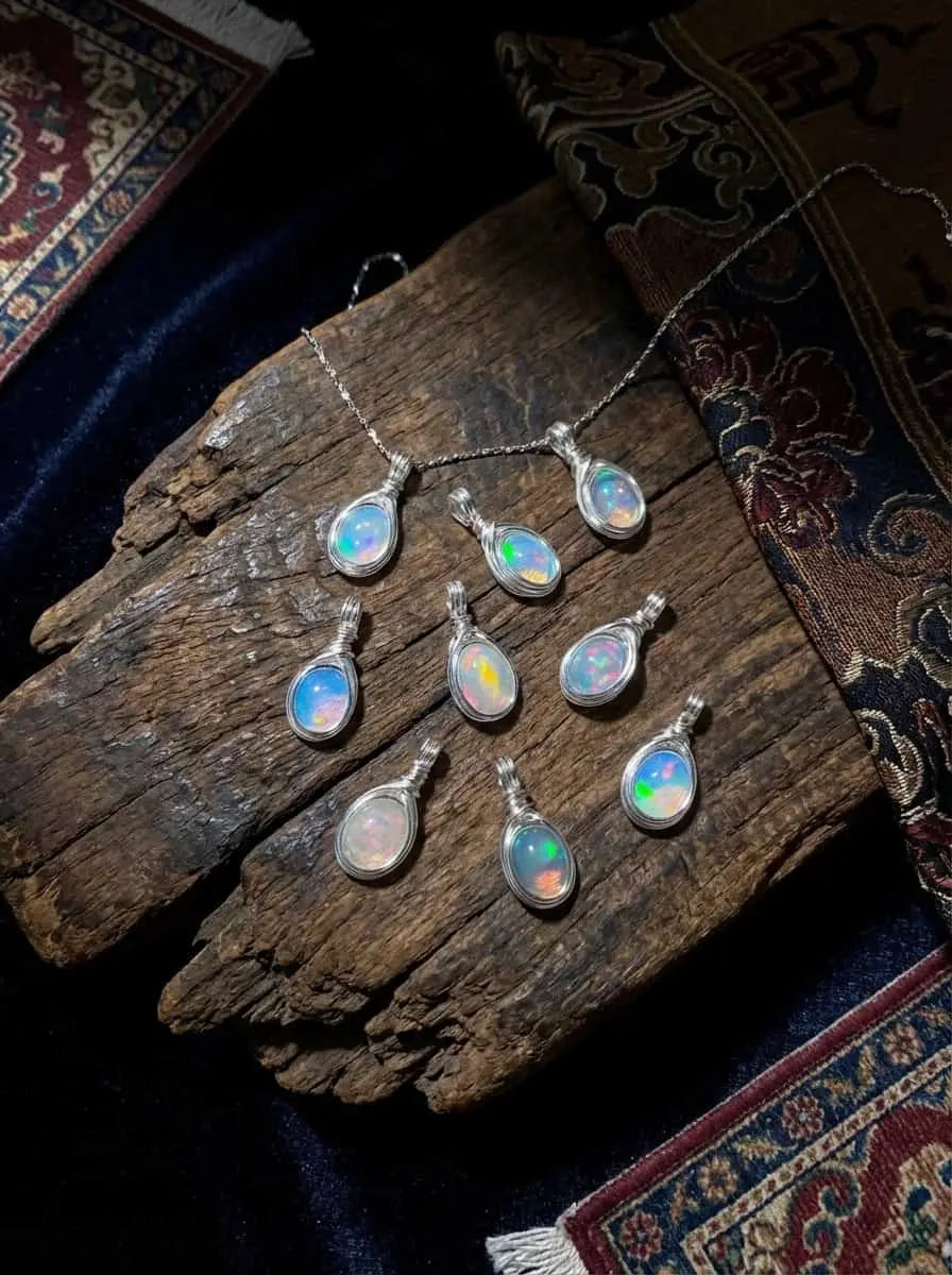 Collar exclusivo de cristal para la clavícula con efecto sanador | Collar de colgante de ópalo blanco de la serie «judía de azúcar» multicolor, enrollado a mano en plata de ley
