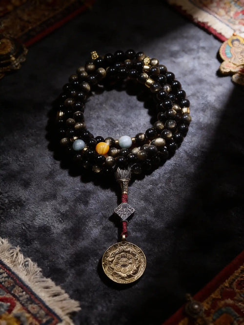 Himalsoul Sunlight Gold Sheen Obsidian Bagua Mala