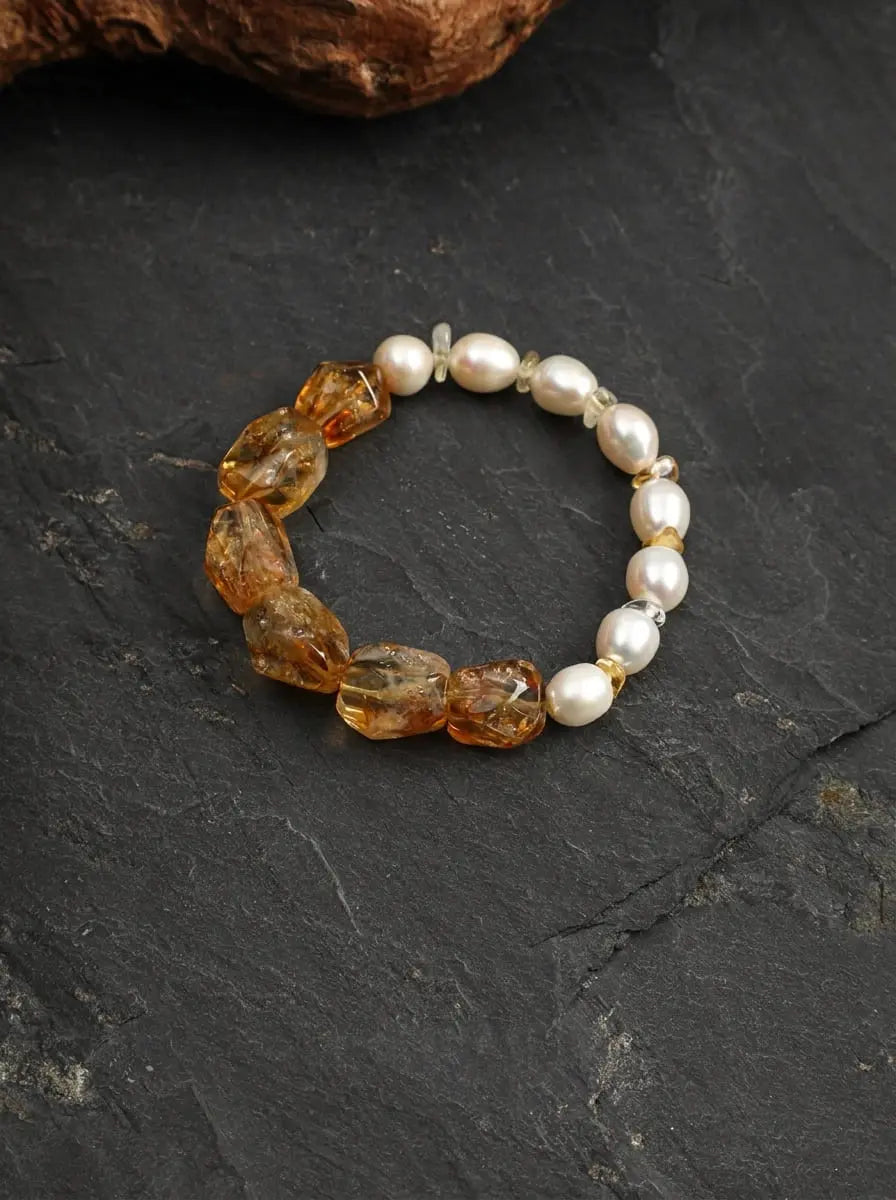 Bracelet Citrine & Perle d'eau douce Lumière Condensée Nourricière du Cœur