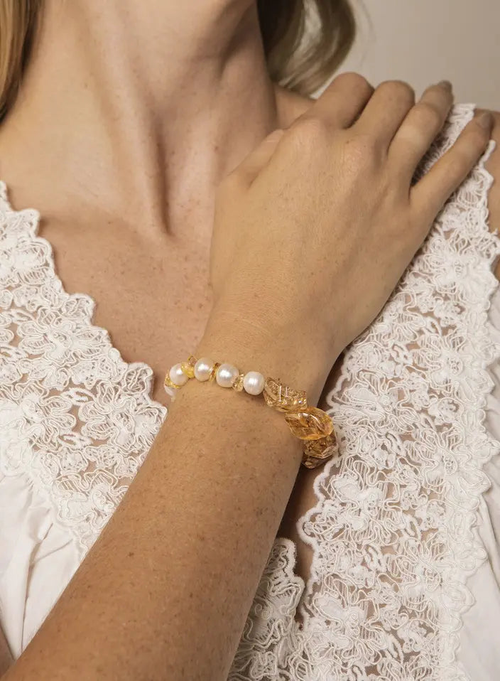 Bracelet Citrine & Perle d'eau douce Lumière Condensée Nourricière du Cœur