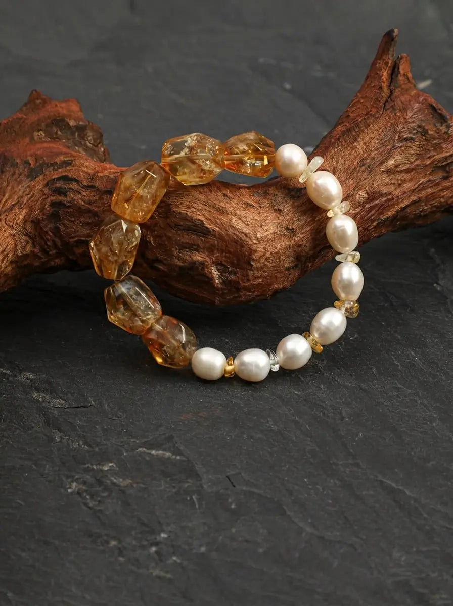 Bracelet Citrine & Perle d'eau douce Lumière Condensée Nourricière du Cœur
