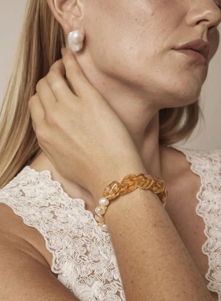 Bracelet Citrine & Perle d'eau douce Lumière Condensée Nourricière du Cœur
