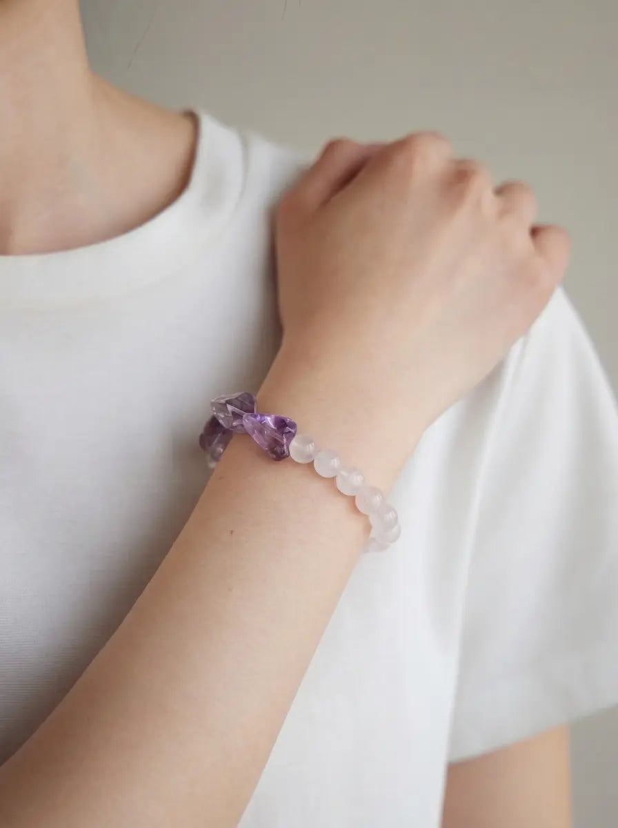 「Silent Homeward Heart」Amethyst, Rose Quartz & Clear Crystal Bracelet