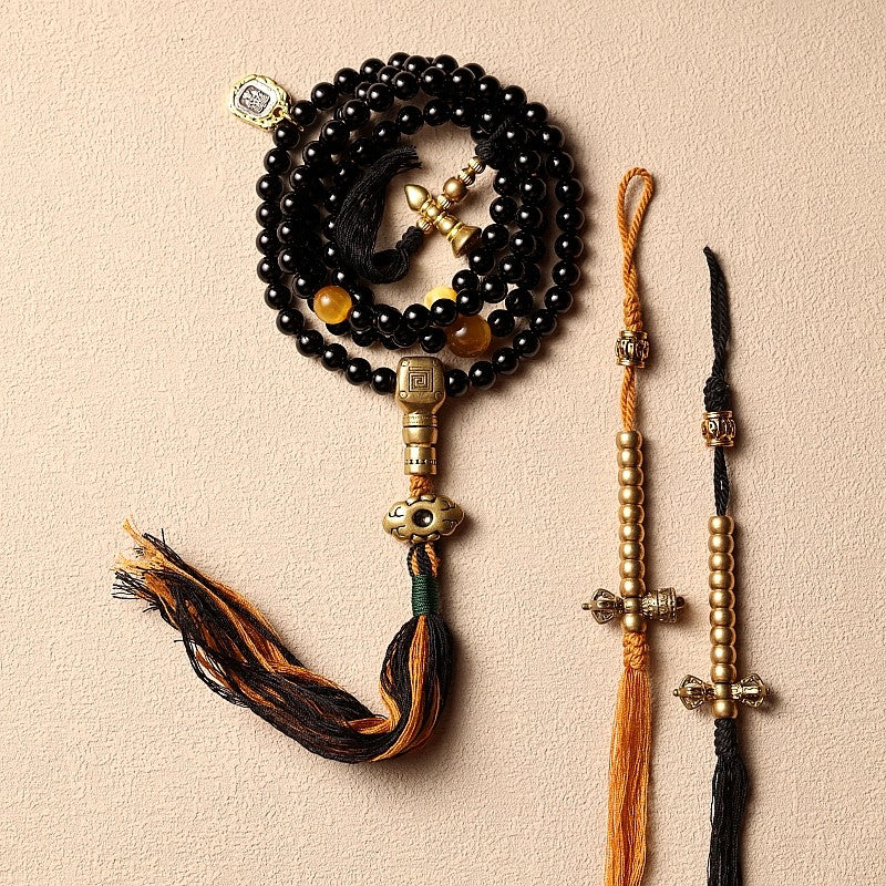 Original Design Black Gold Natural Black Agate 108 Bead Buddha Bead Bracelet | Tibetan Rosary Necklace Unisex Couple Multi-Loop Bracelet