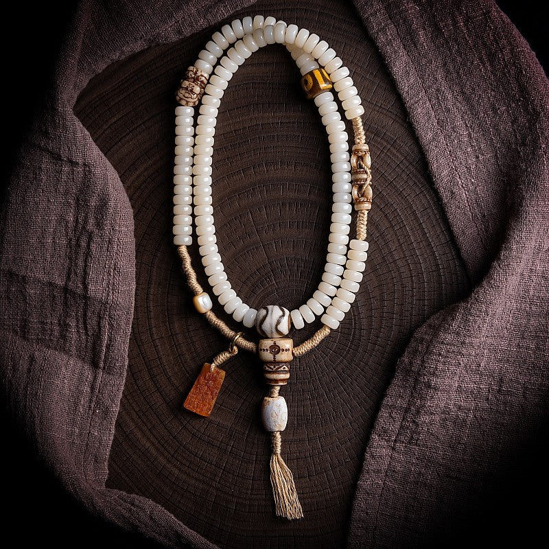 Snowy Tibetan Braided · Original White Jade Bodhi Root 108 Bead Buddha Beads