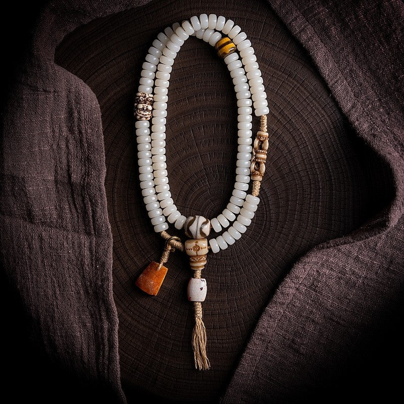 Snowy Tibetan Braided · Original White Jade Bodhi Root 108 Bead Buddha Beads
