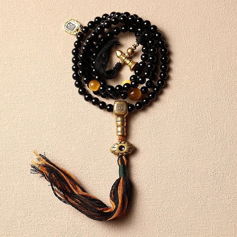 Original Design Black Gold Natural Black Agate 108 Bead Buddha Bead Bracelet | Tibetan Rosary Necklace Unisex Couple Multi-Loop Bracelet