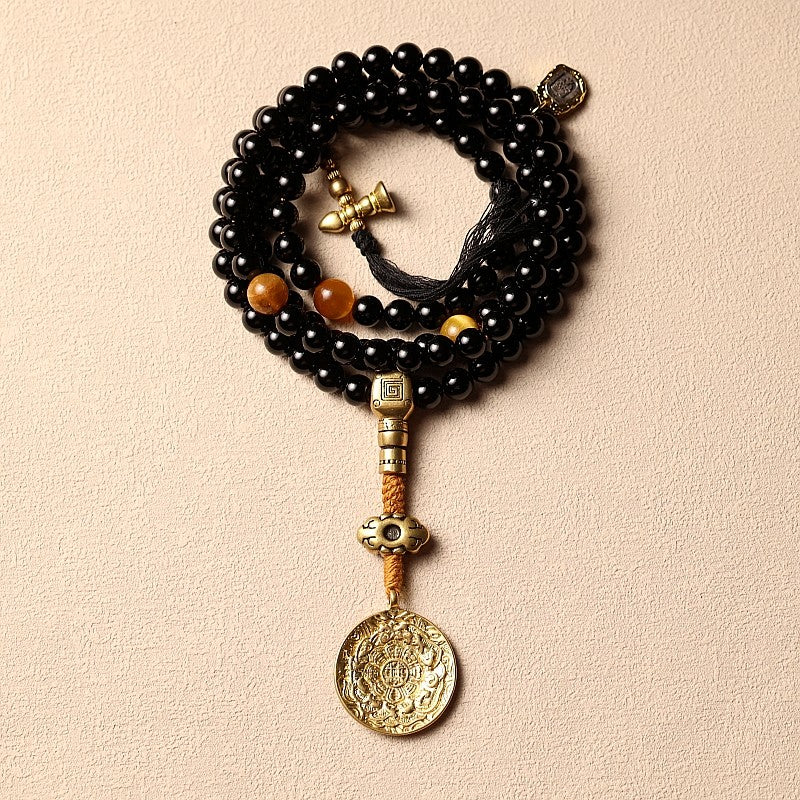 Original Design Black Gold Natural Black Agate 108 Bead Buddha Bead Bracelet | Tibetan Rosary Necklace Unisex Couple Multi-Loop Bracelet