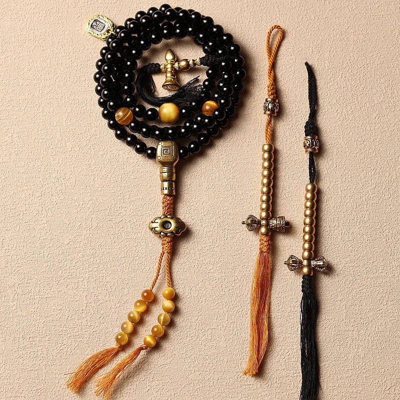 Original Design Black Gold Natural Black Agate 108 Bead Buddha Bead Bracelet | Tibetan Rosary Necklace Unisex Couple Multi-Loop Bracelet