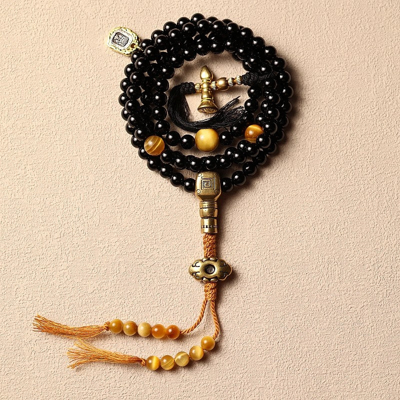 Original Design Black Gold Natural Black Agate 108 Bead Buddha Bead Bracelet | Tibetan Rosary Necklace Unisex Couple Multi-Loop Bracelet