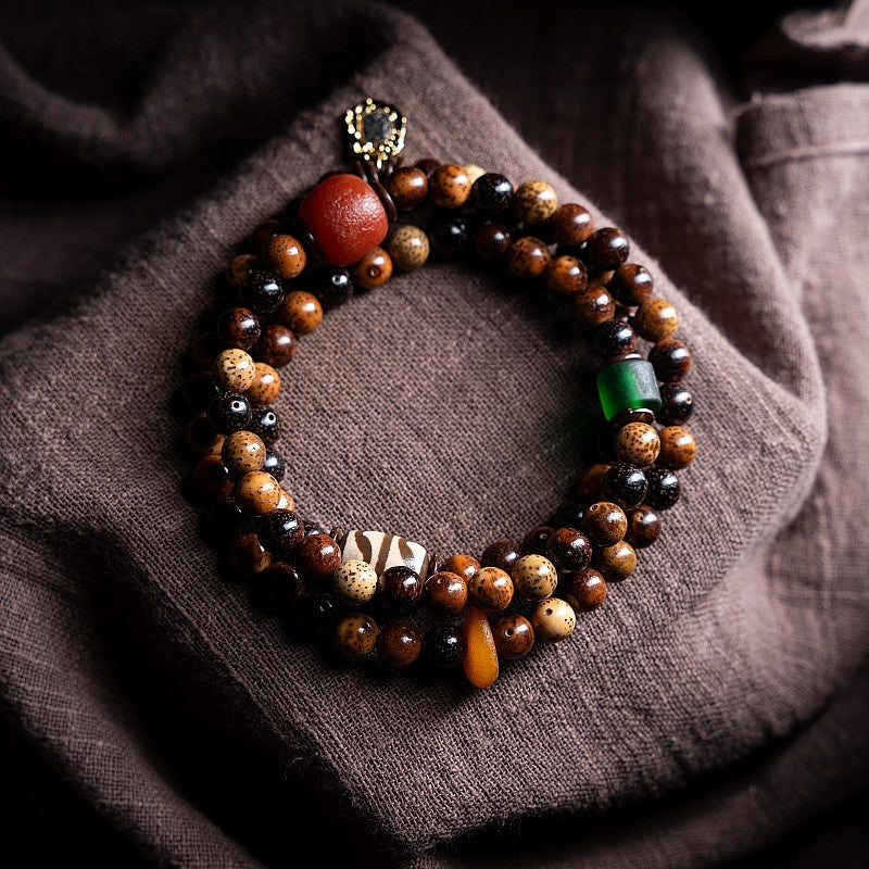 Original Design Star Moon Bodhi Buddha Bead Bracelet | Old Seed Dzi Bead Multi-Loop Unisex Cultural Play Bracelet