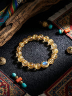 「Golden Shine & Azure Glow」Tibetan Style Natural Citrine Inlaid Aquamarine Bracelet
