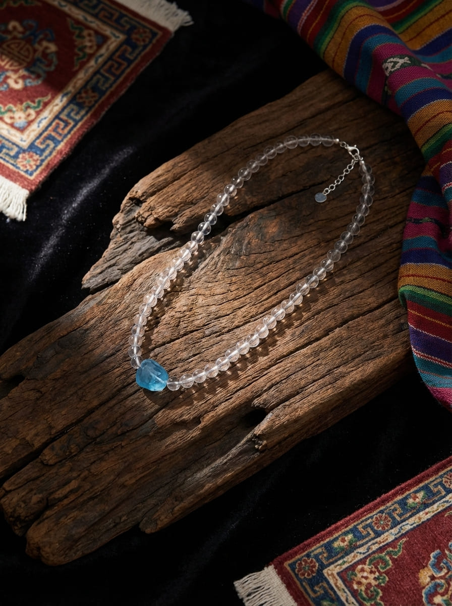 「Summer」 Natural White Crystal Beaded Aquamarine Necklace